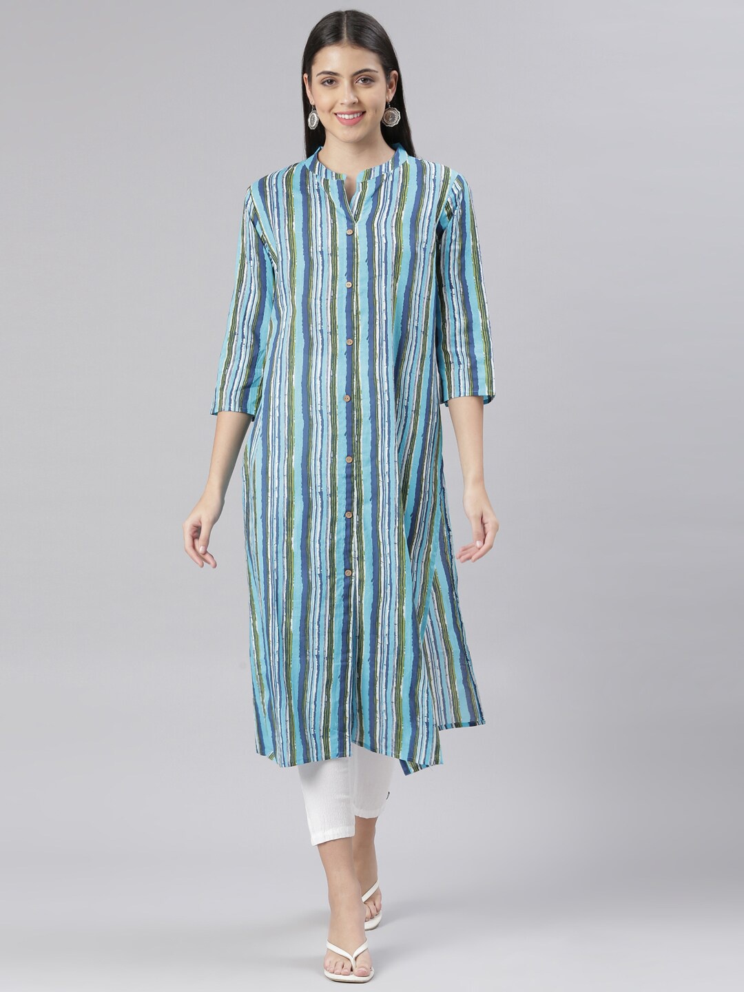 

The Chennai Silks Women Striped Pure Cotton Kurta, Blue