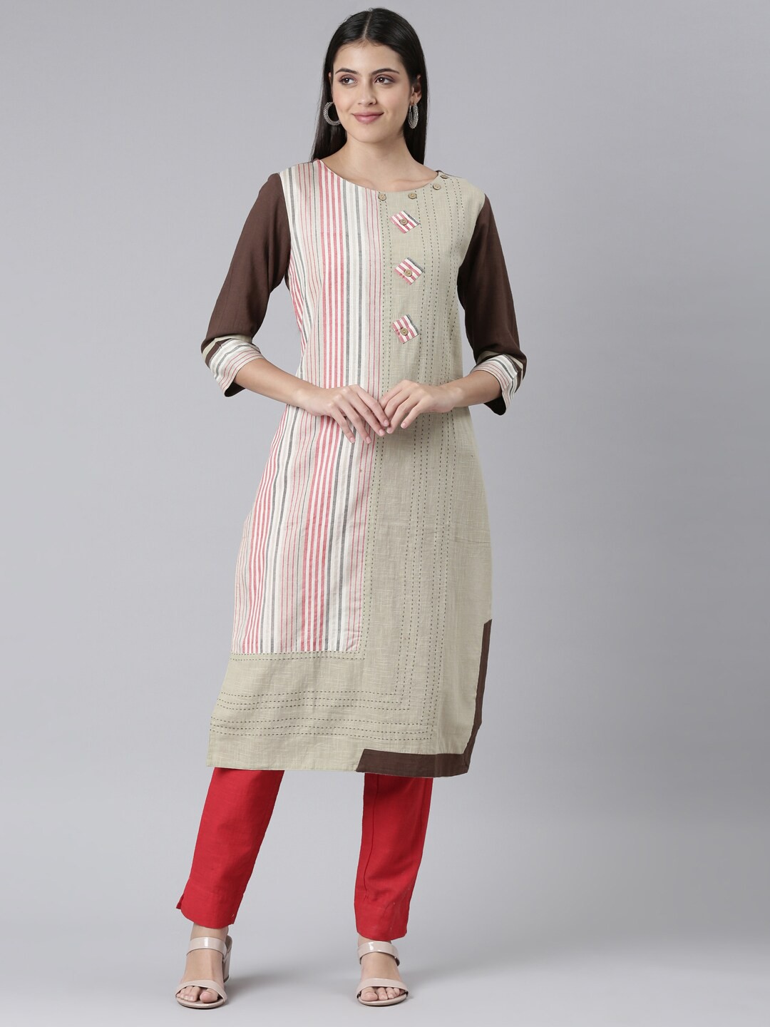 

The Chennai Silks Striped Printed Thread Work Cotton Kurta, Beige
