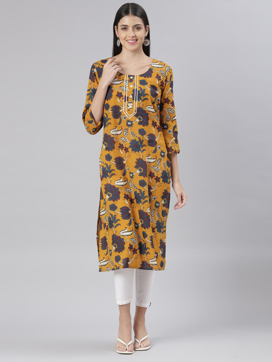 

The Chennai Silks Women Floral Printed Kurta, Mustard