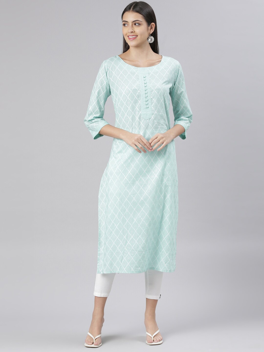 

The Chennai Silks Women Printed Round Neck Pure Cotton Kurta, Sea green