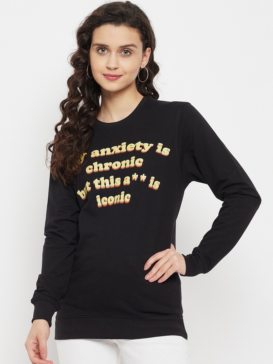 

Wear Your Mind Women Typography Printed Pullover Sweatshirt, Black