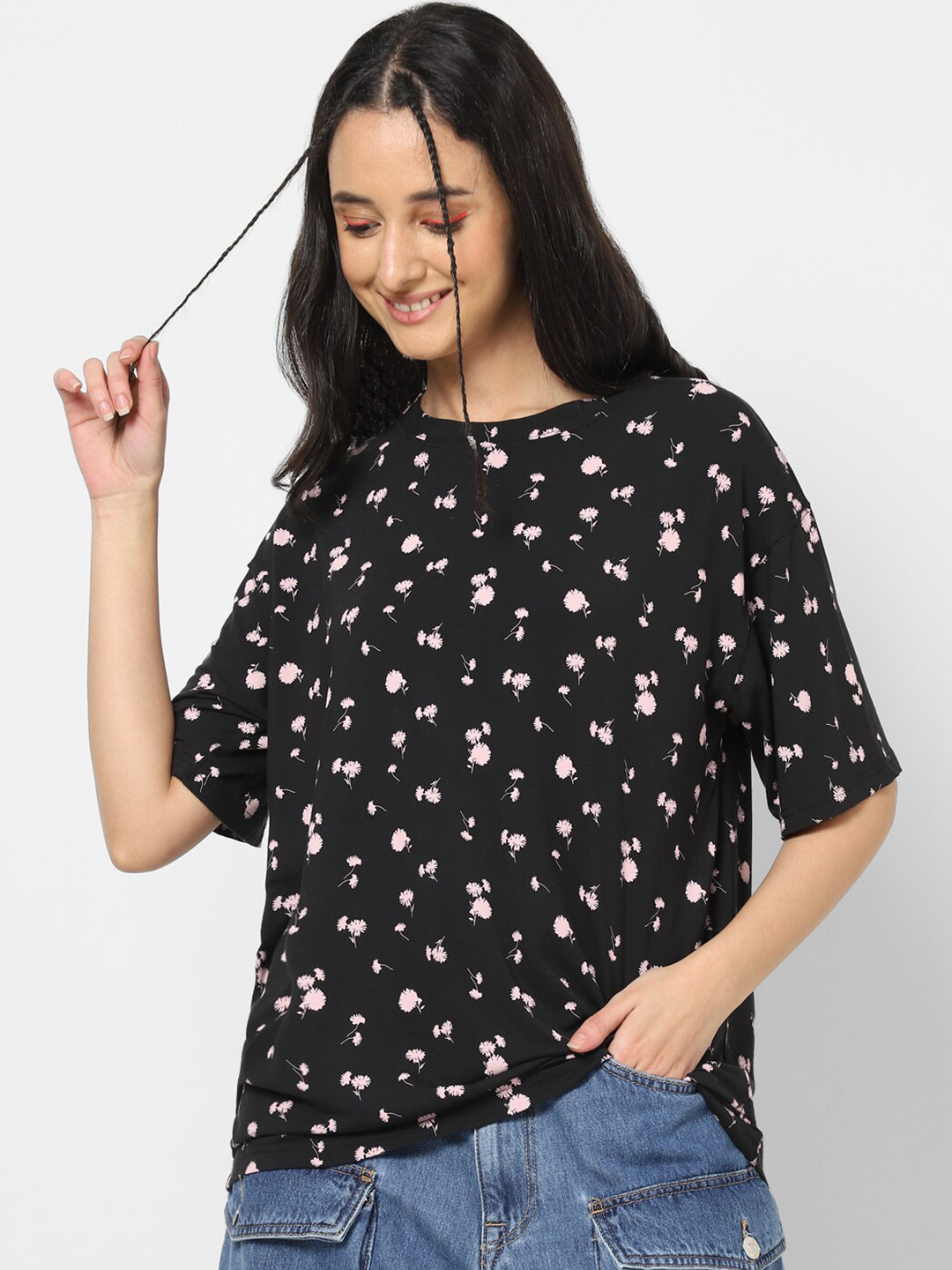

VASTRADO Cotton Floral Printed Oversized T-Shirt, Black