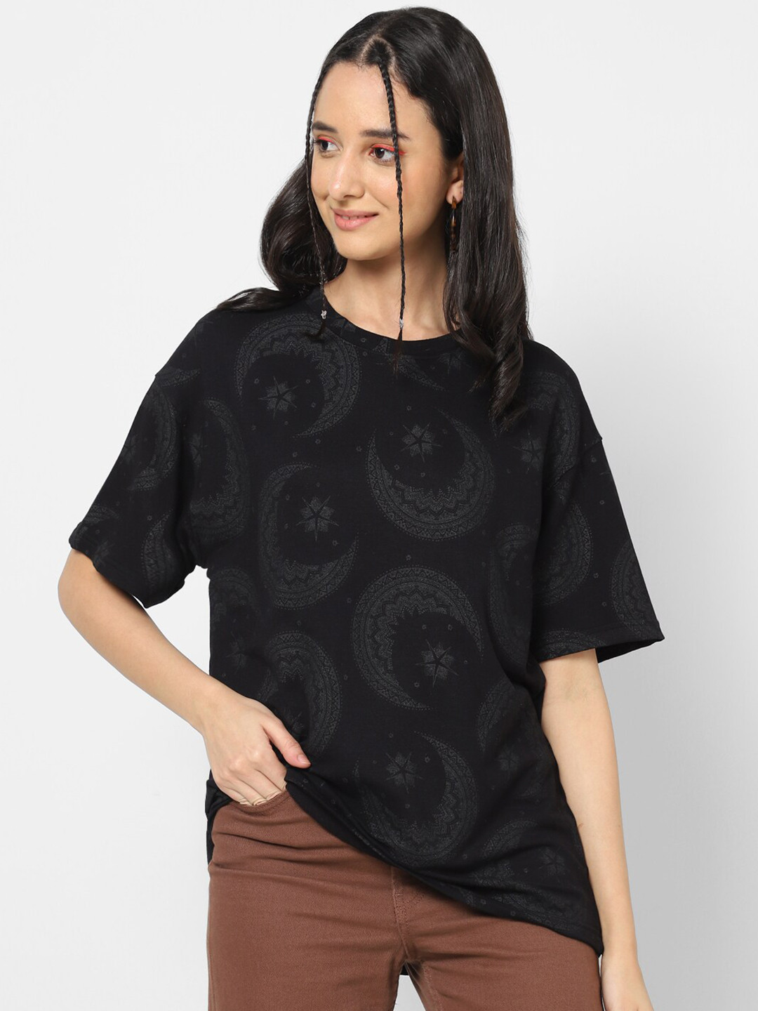

VASTRADO Cotton Printed Oversized T-Shirt, Black