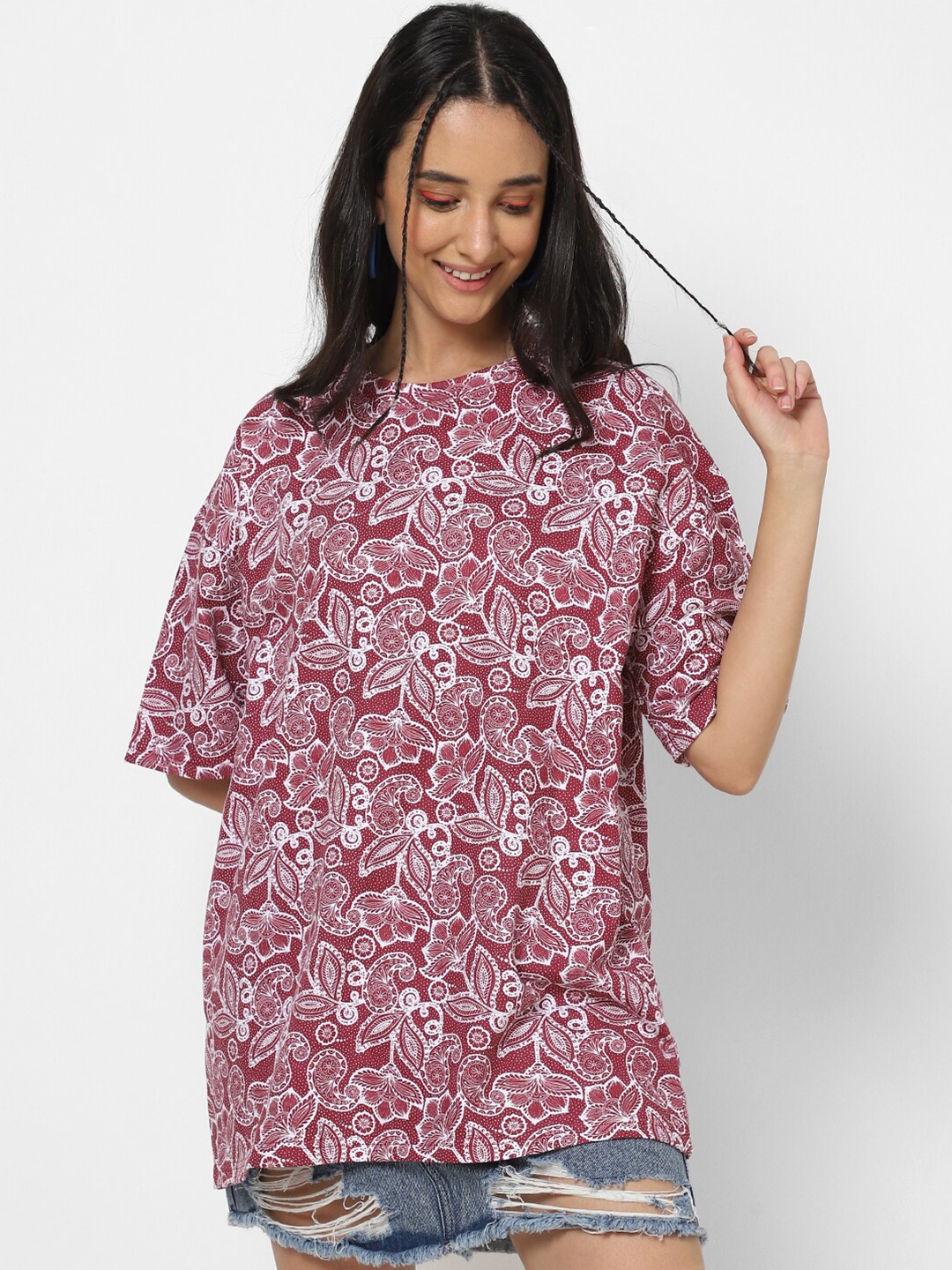 

VASTRADO Floral Printed Cotton Oversized T-shirt, Maroon