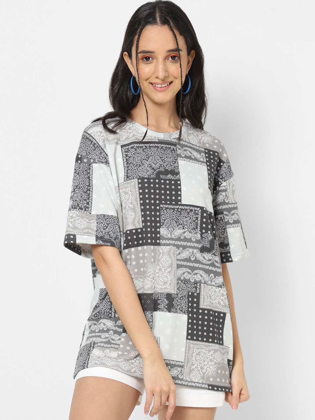 

VASTRADO Women Cotton Printed Loose T-shirt, Grey