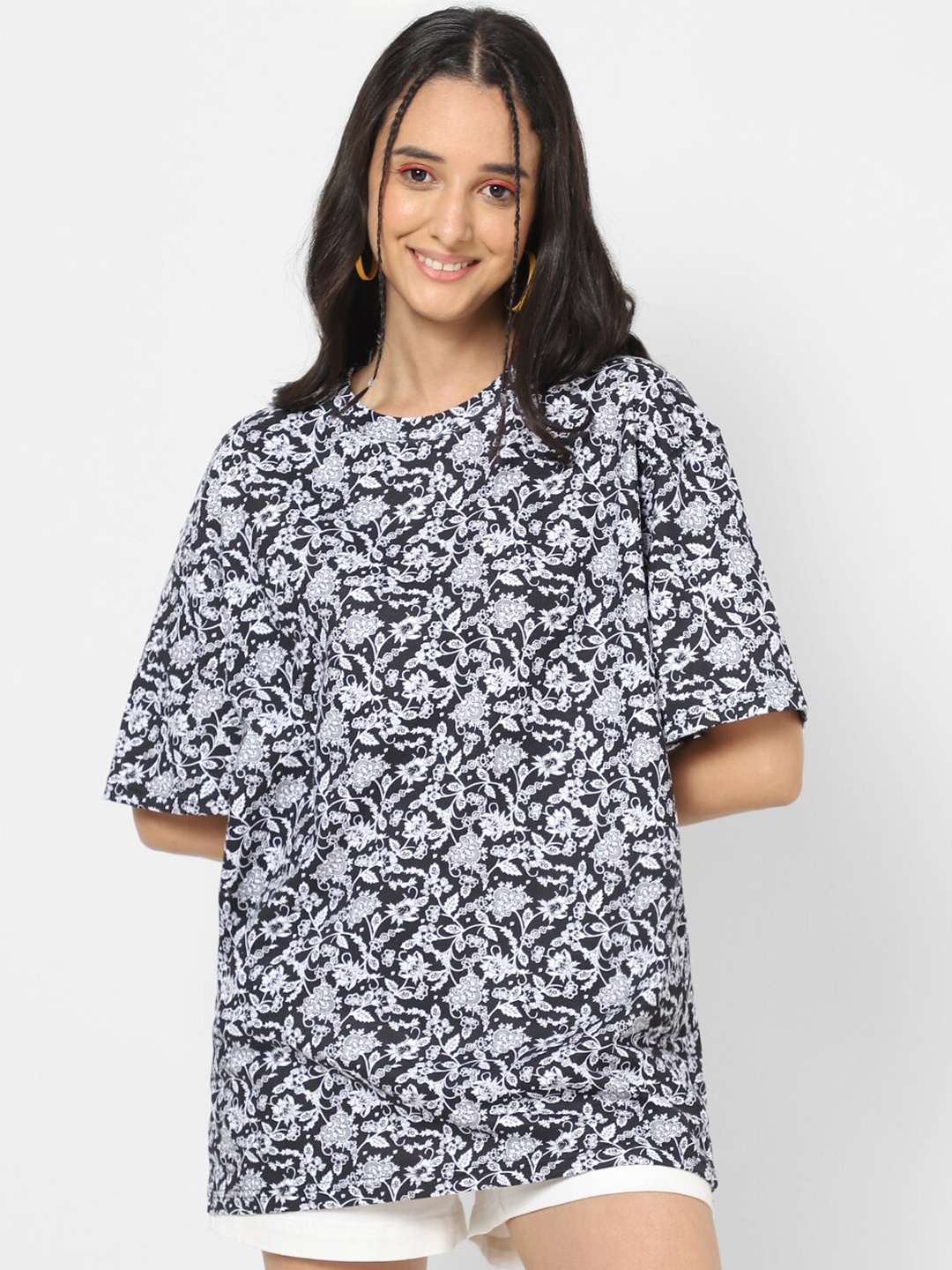VASTRADO Floral Printed Cotton Oversized T-shirt, White