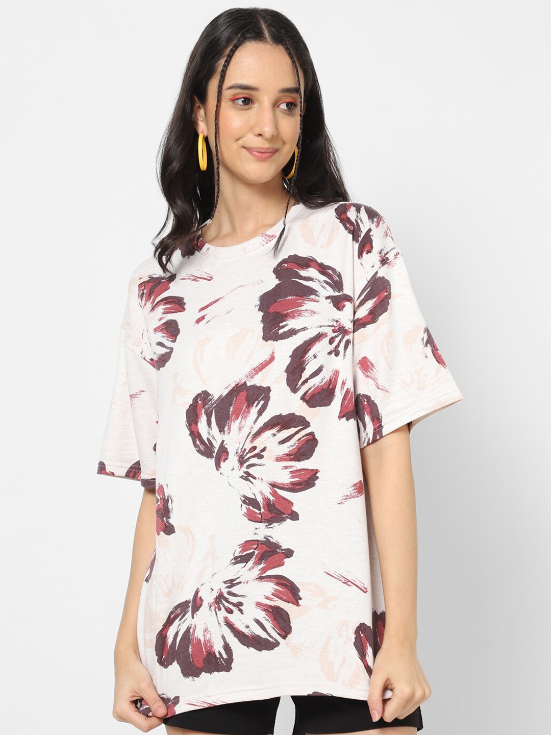 

VASTRADO Floral Printed Cotton Oversized T-shirt, Cream