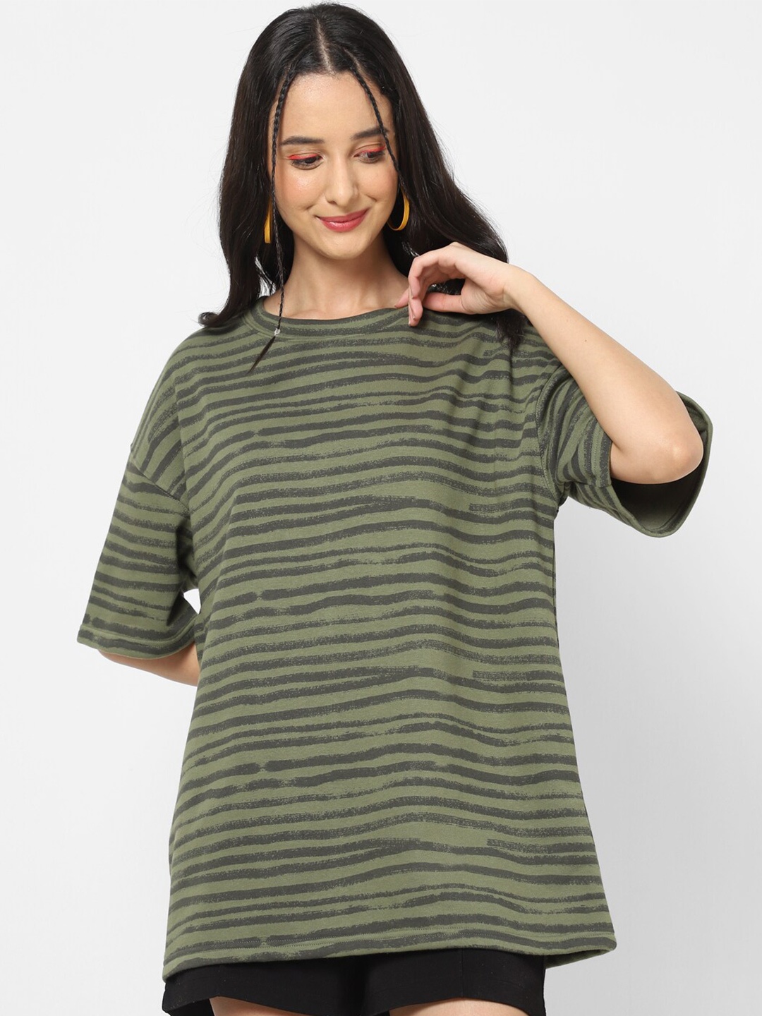 

VASTRADO Women Striped Drop-Shoulder Sleeves Oversized Cotton T-shirt, Olive