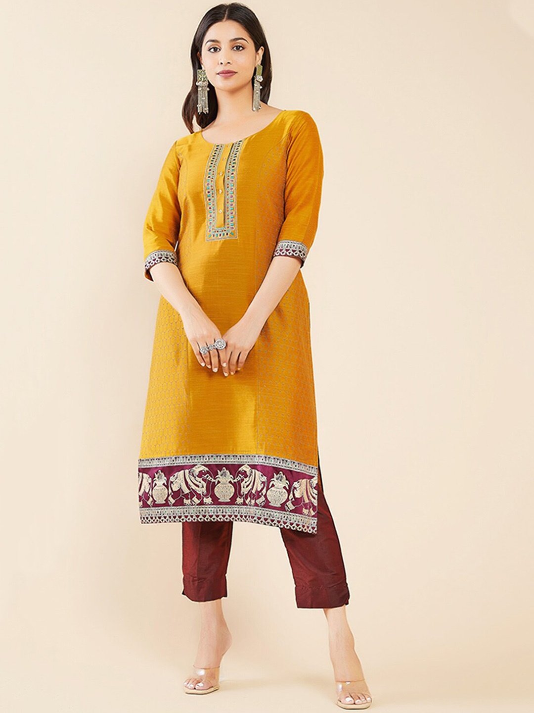 

Maybell Women Ethnic Motifs Embroidered Kurta, Mustard