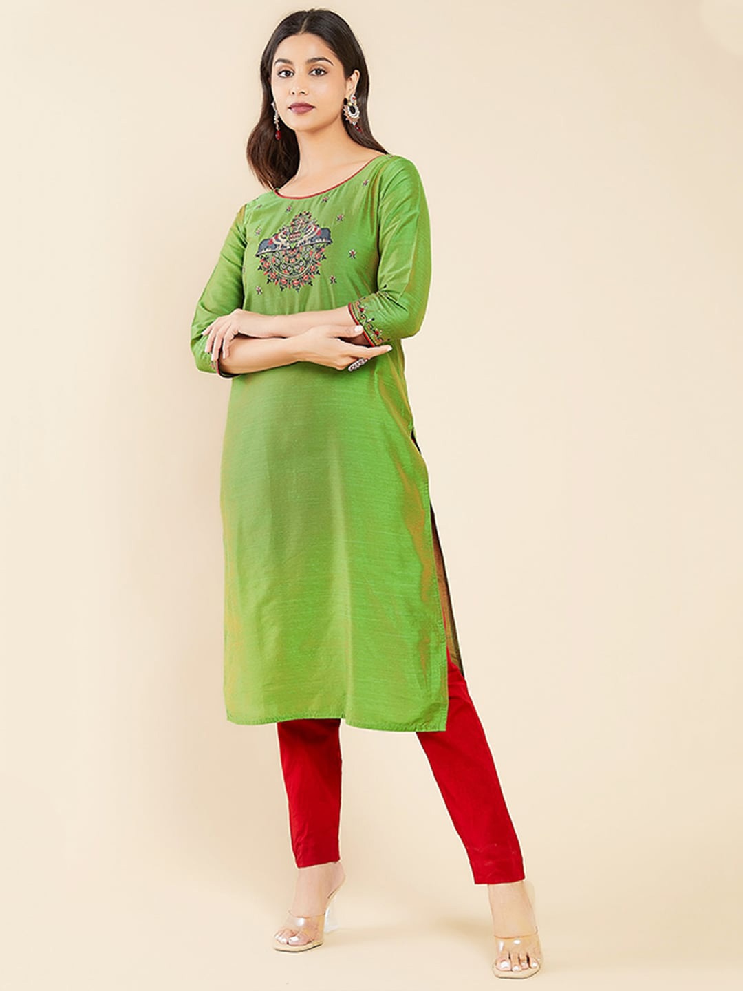 

Maybell Women Ethnic Motifs Yoke Design Thread Work Silk Kurta, Green