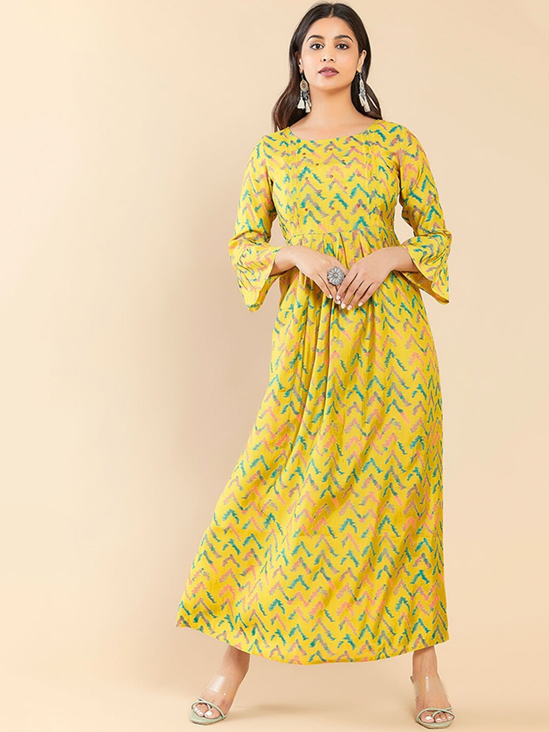 

Maybell Women Printed Bell Sleeves Silk Kurta, Yellow
