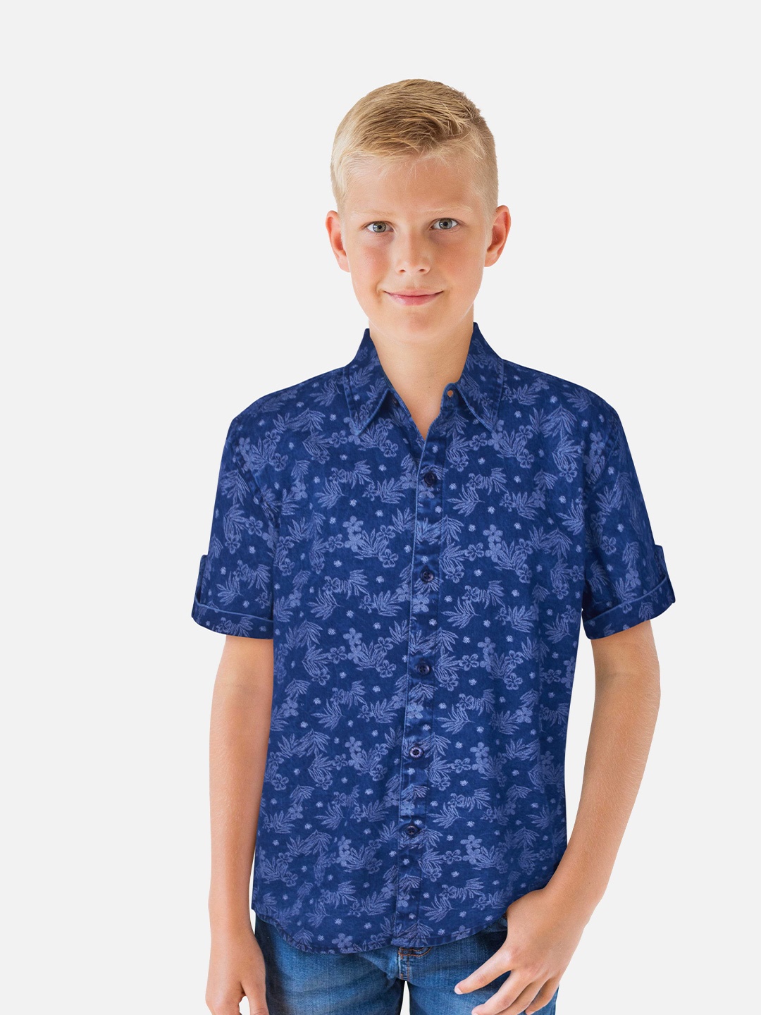 

Gini and Jony Boys Floral Printed Casual Spread Collar Cotton Shirt, Blue