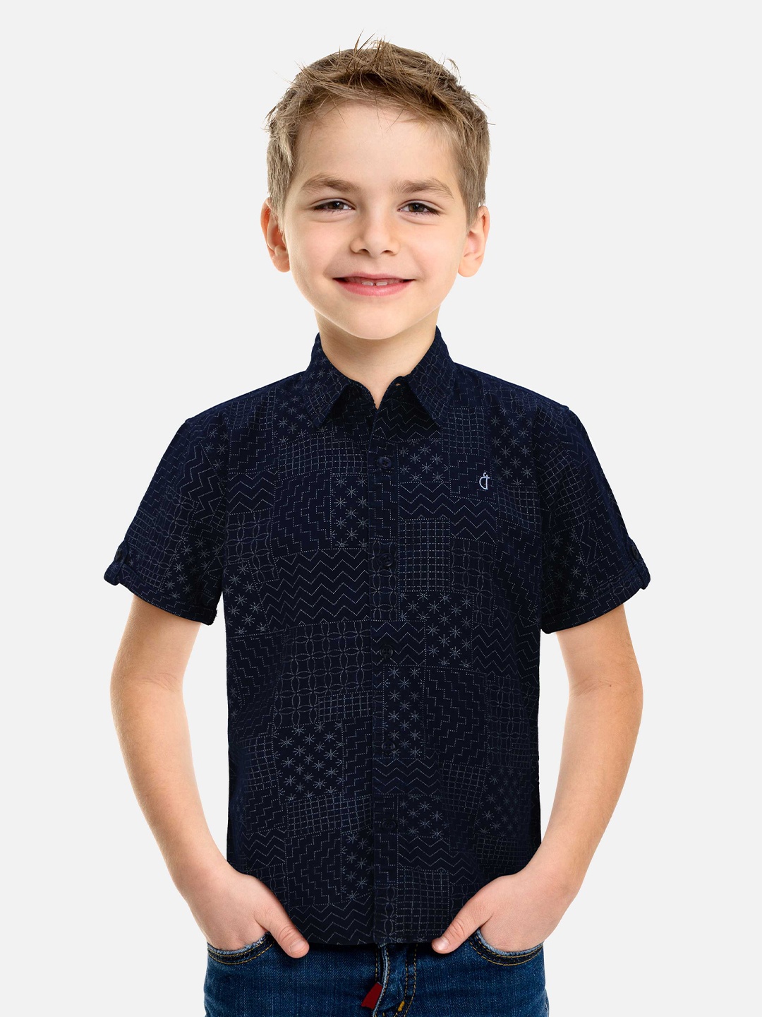 

Gini and Jony Boys Printed Spread Collar Casual Cotton Shirt, Navy blue