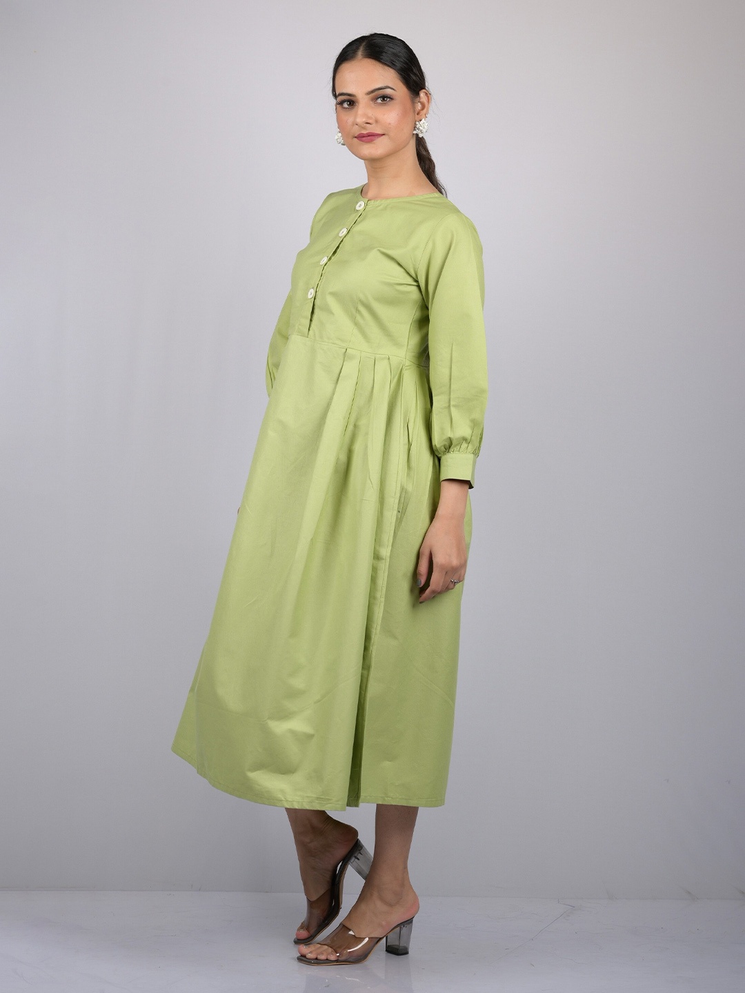 

OWO THE LABEL Puff Sleeves Cotton A-Line Midi Dress, Lime green