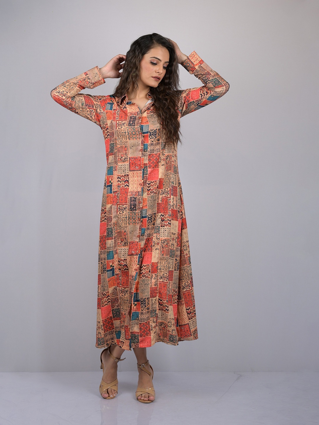 

OWO THE LABEL Abstract Printed Shirt Midi Dress, Coral