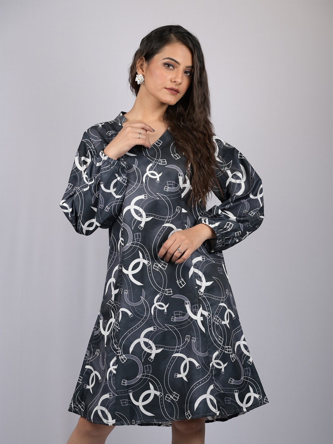 

OWO THE LABEL Printed Mandarin Collar A-Line Dress, Grey