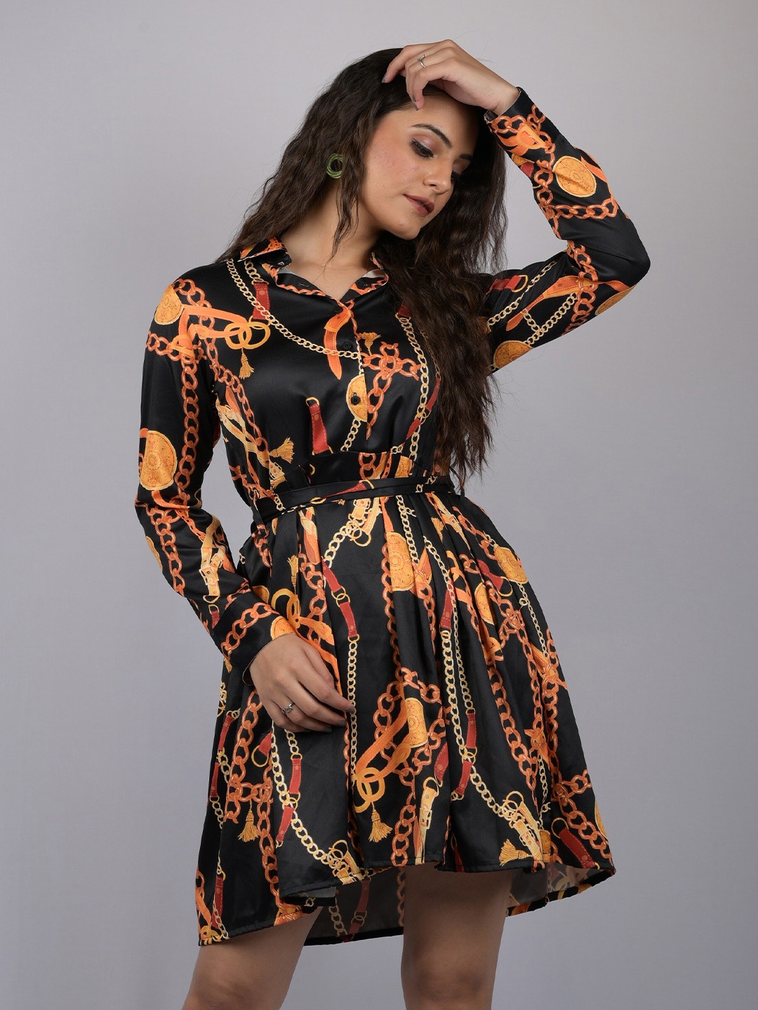 

OWO THE LABEL Abstract Printed Flared Shirt Dress, Black