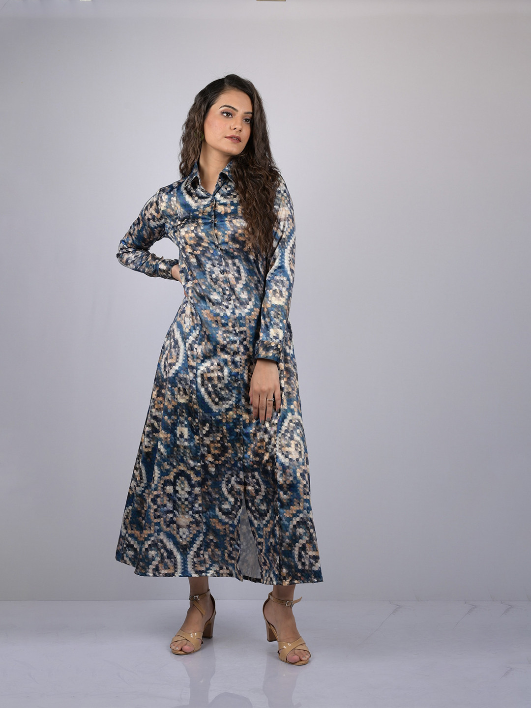 

OWO THE LABEL Abstract Printed Shirt Midi Dress, Navy blue