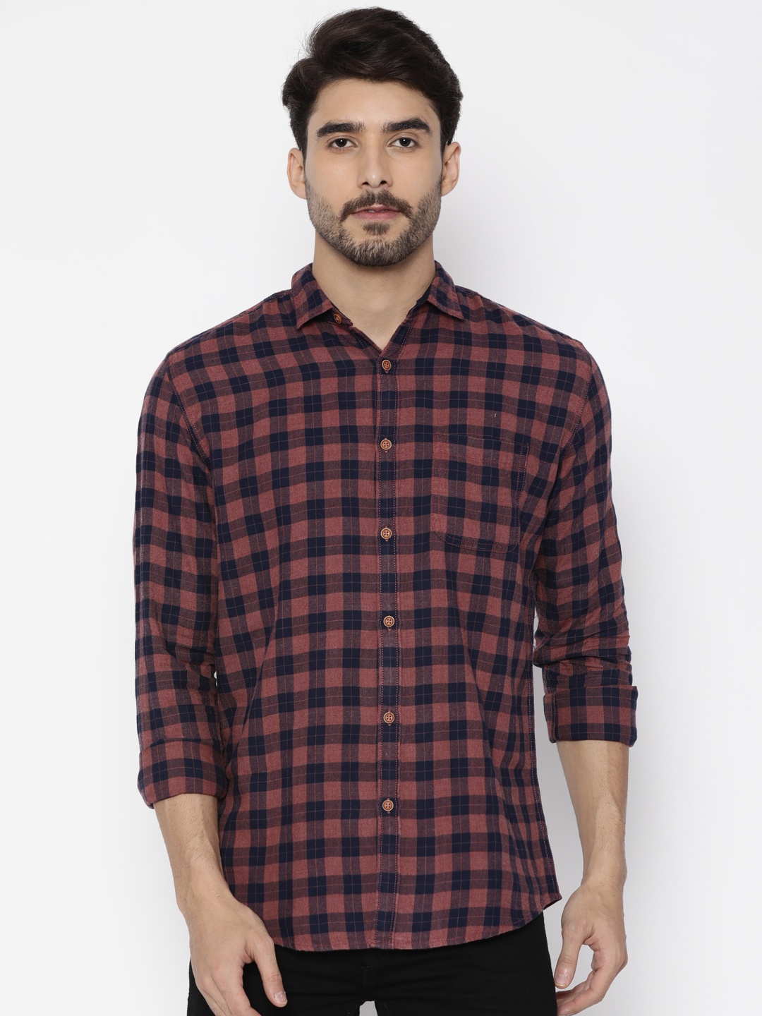 

Nature Casuals Men Rust & Navy Blue Slim Fit Checked Casual Shirt