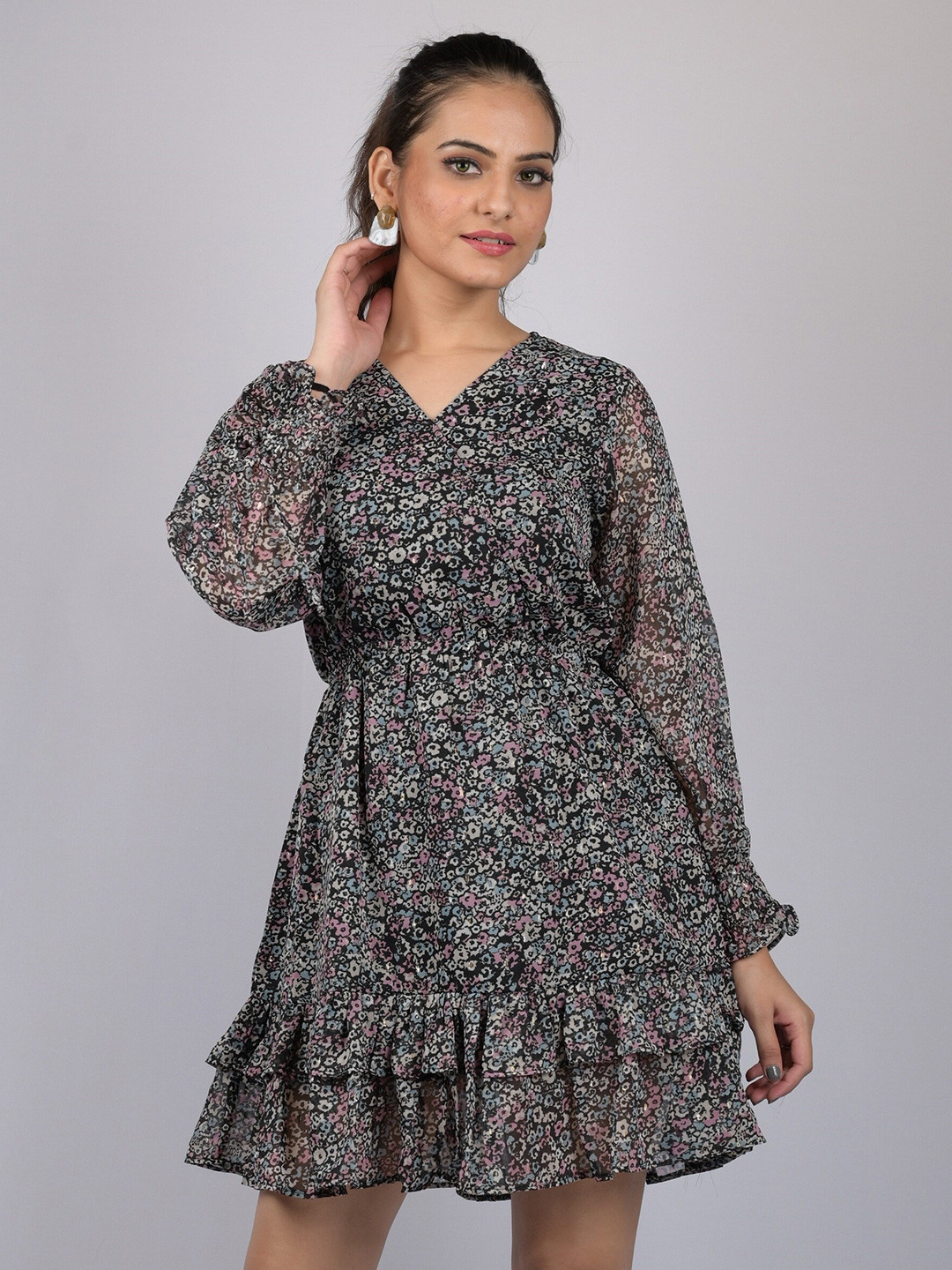 

OWO THE LABEL Floral Printed Flounce Wrap Dress, Black