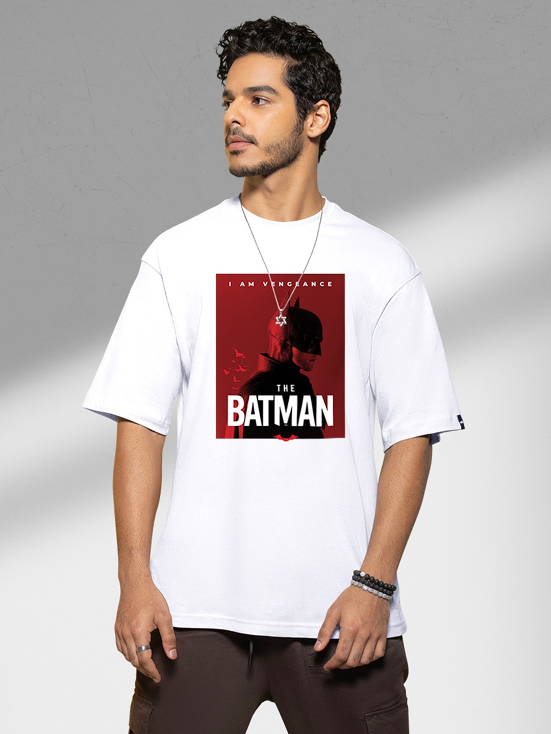 Bewakoof Pure Cotton Batman Poster Graphic Printed Oversized T-shirt, White