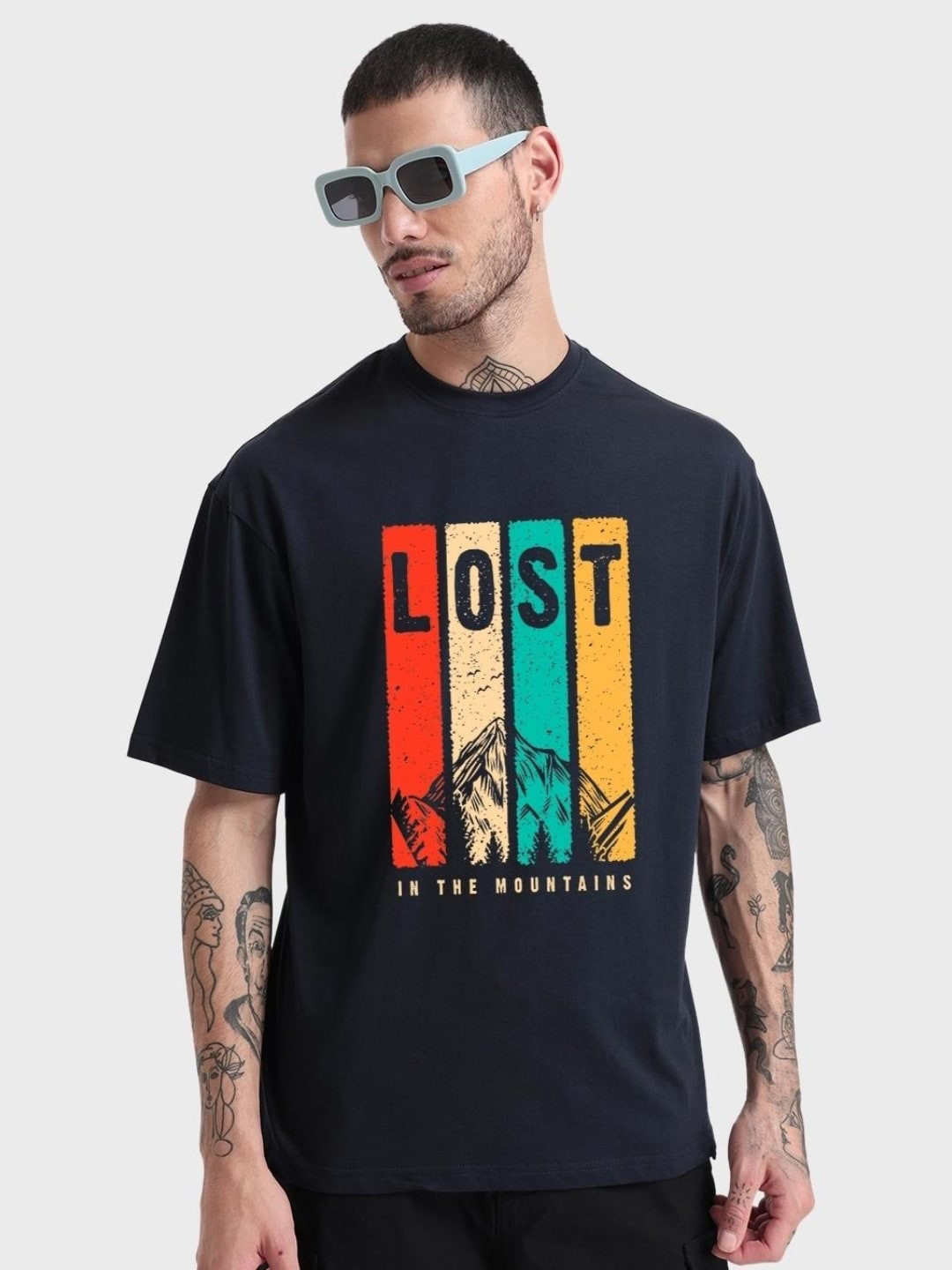 

Bewakoof Men Lost Mountains Graphic Printed Oversized T-shirt, Navy blue
