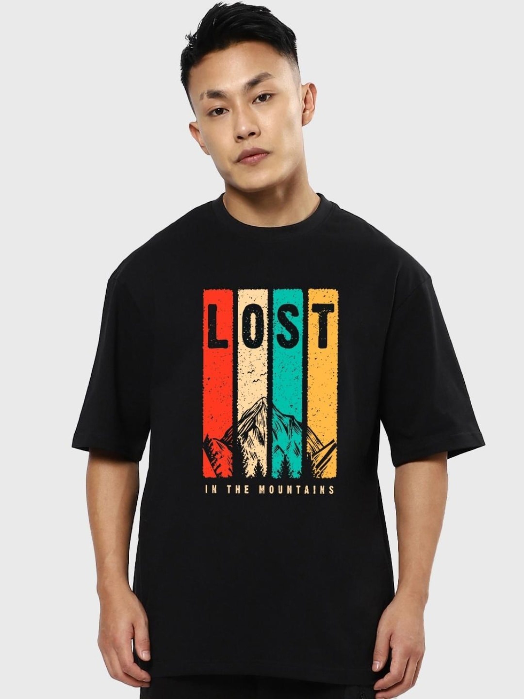 

Bewakoof Men Lost Mountains Graphic Printed Oversized T-shirt, Black