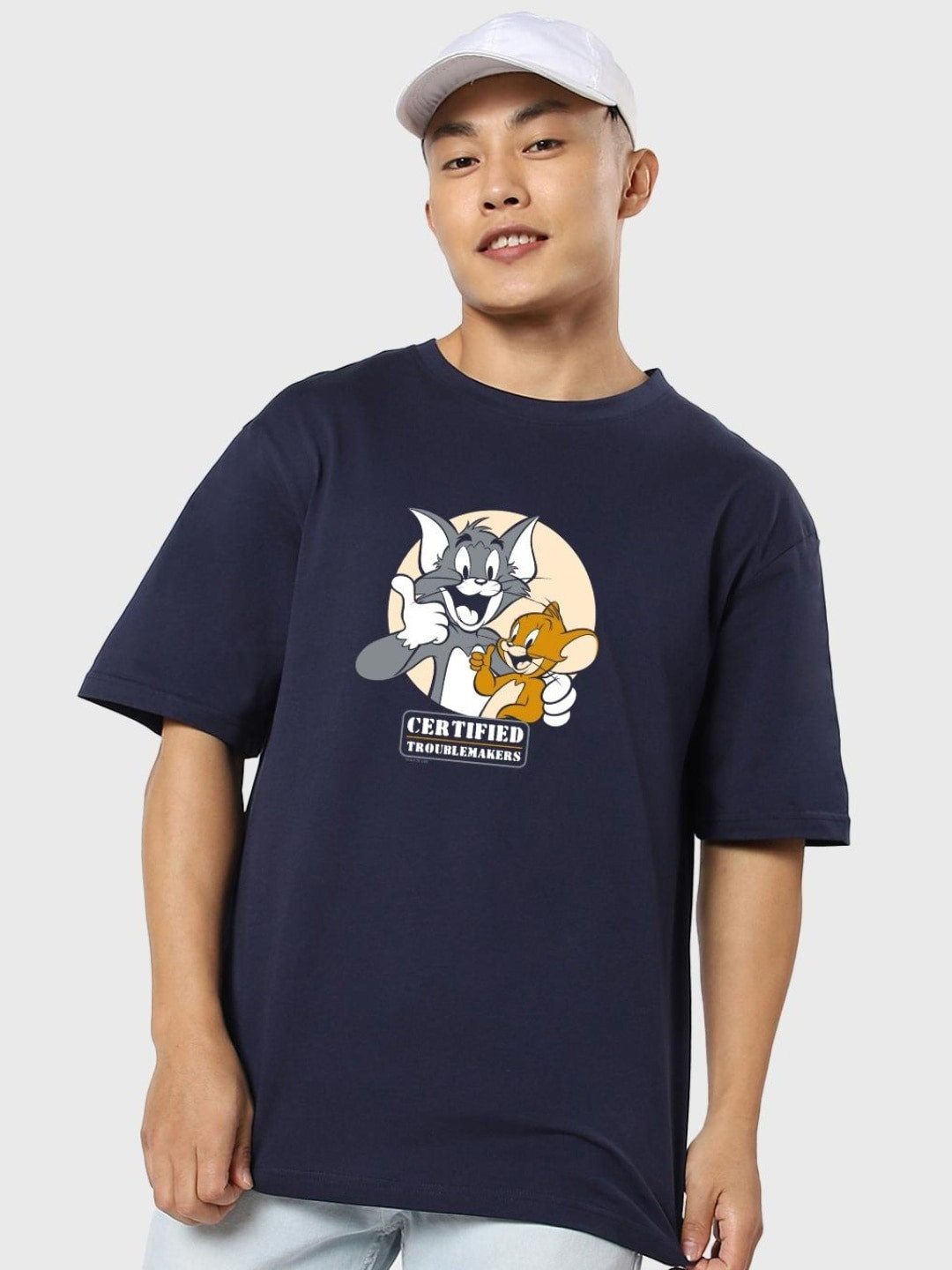

Bewakoof Men Tom & Jerry Printed Drop-Shoulder Sleeves Loose Cotton T-shirt, Blue
