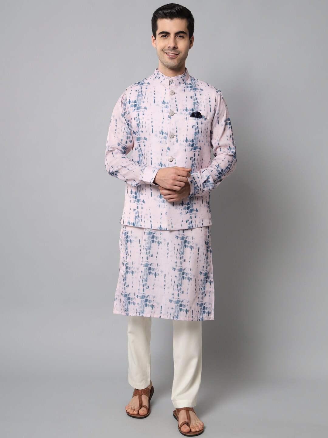

MAXENCE Men Mandarin Collar Pure Cotton Kurta Set With Nehru Jacket, Pink