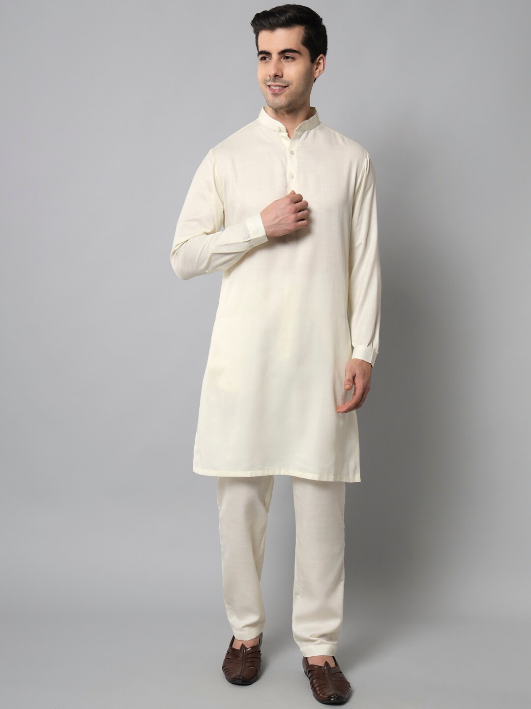 

MAXENCE Men Pure Cotton Mandarin Collar Kurta with Trousers, White