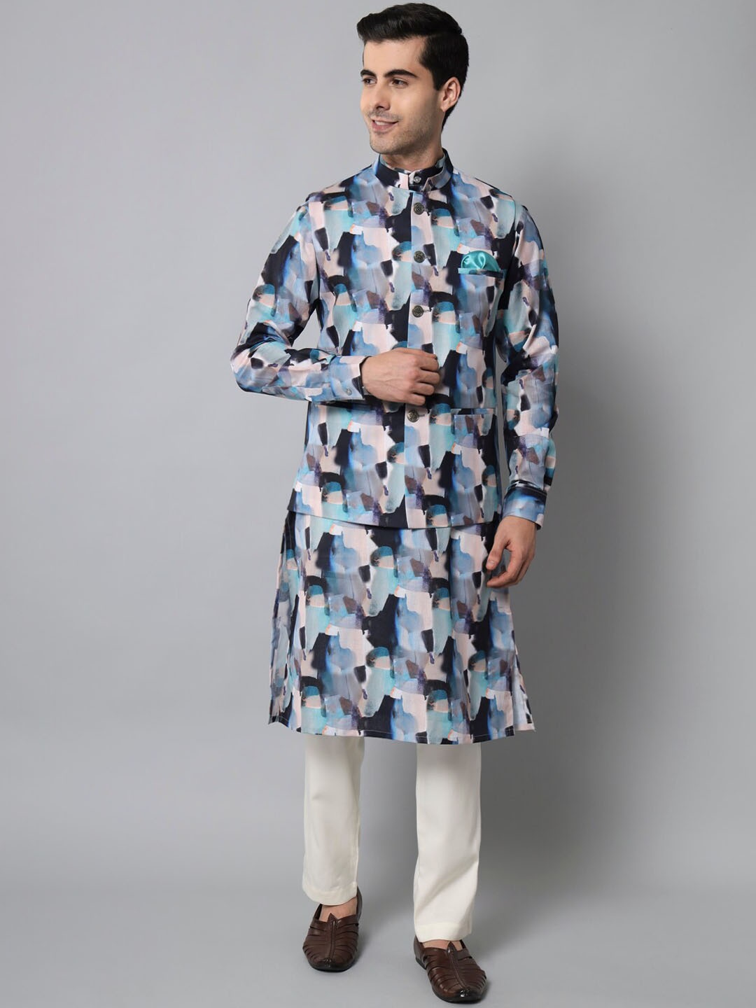 

MAXENCE Men Printed Pure Cotton Kurta with Pyjamas With Nehru Jacket, Blue