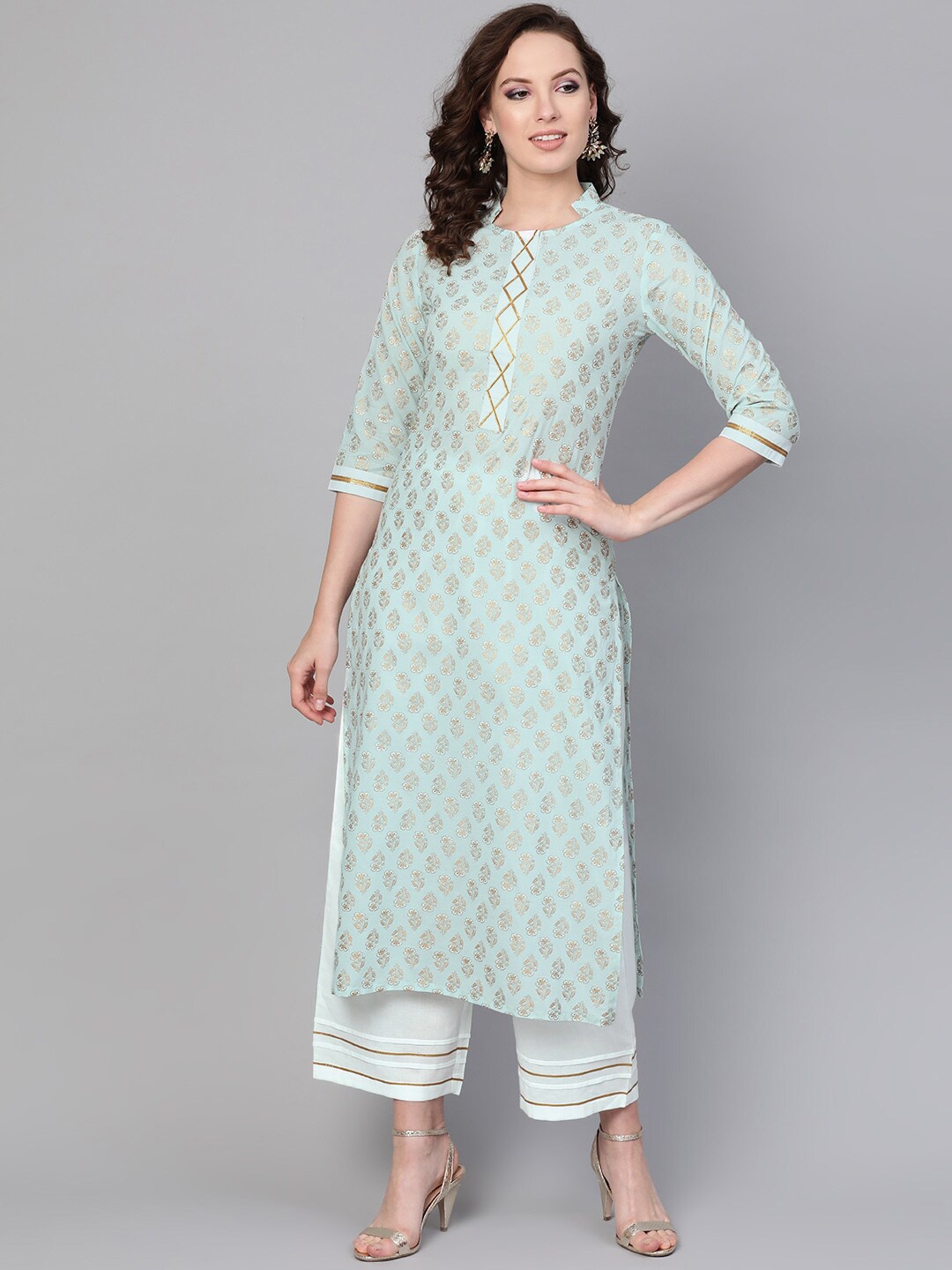 

Idalia Women Floral Printed Gotta Patti Kurta with Palazzos, Sea green