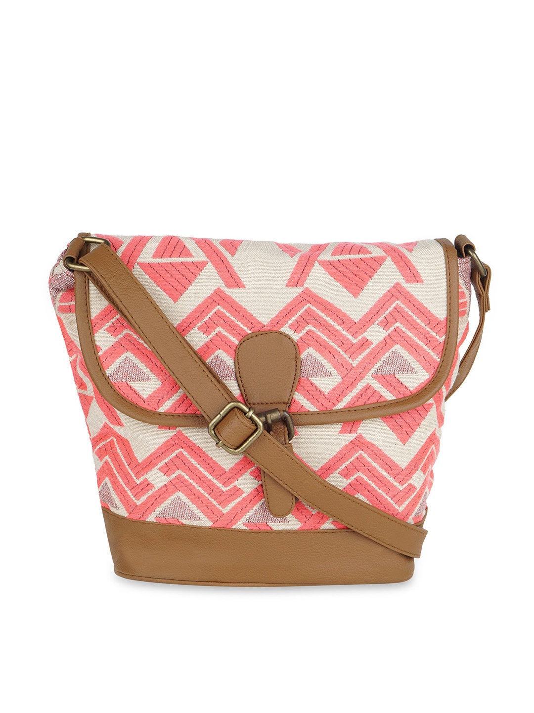 

Kanvas Katha Geometric Printed Structured Sling Bag with Quilted, Peach