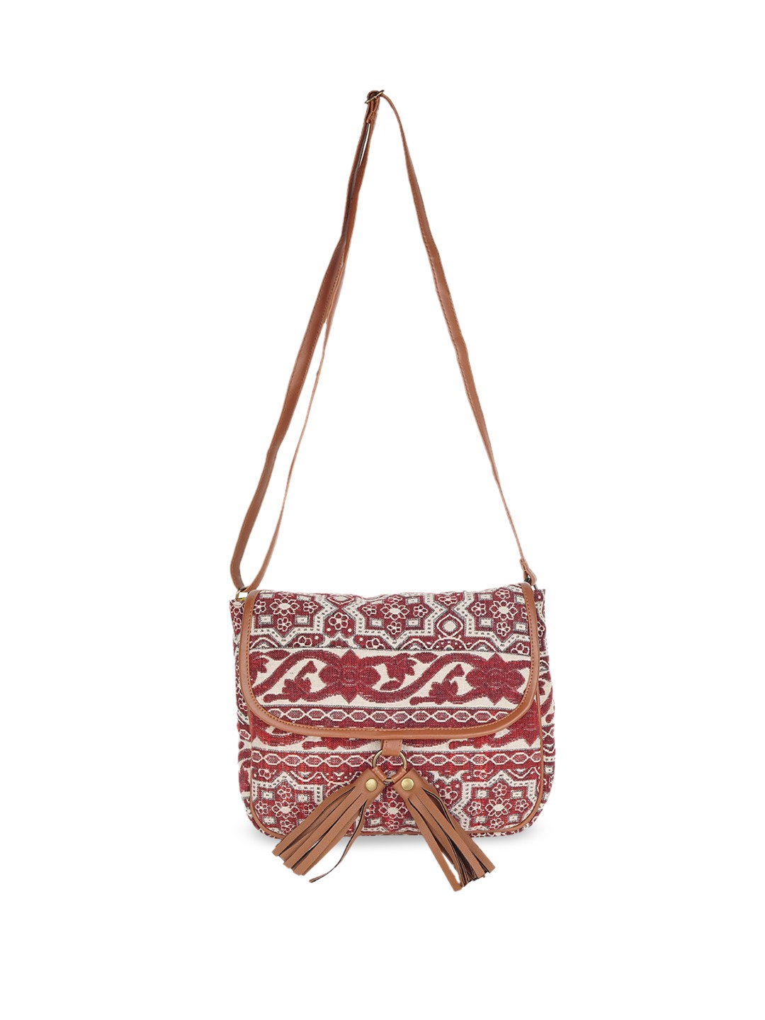 

Kanvas Katha Ethnic Motifs Canvas Sling Bag with Tasselled, Red