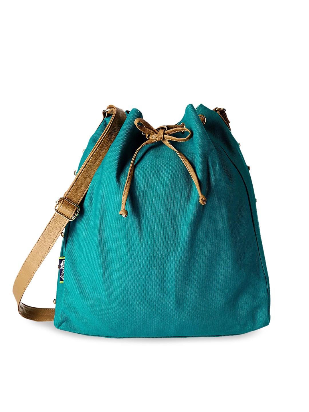 

Kanvas Katha Bucket Handheld Bag with Fringed, Blue