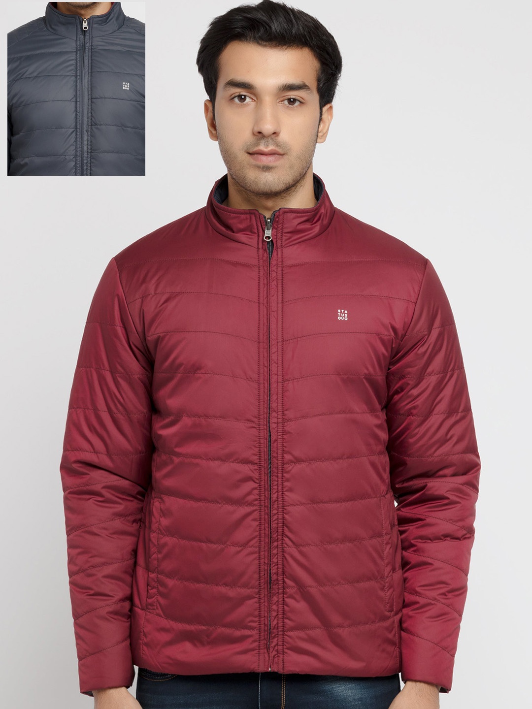 

Status Quo Men Mock Collar Padded Jacket, Maroon