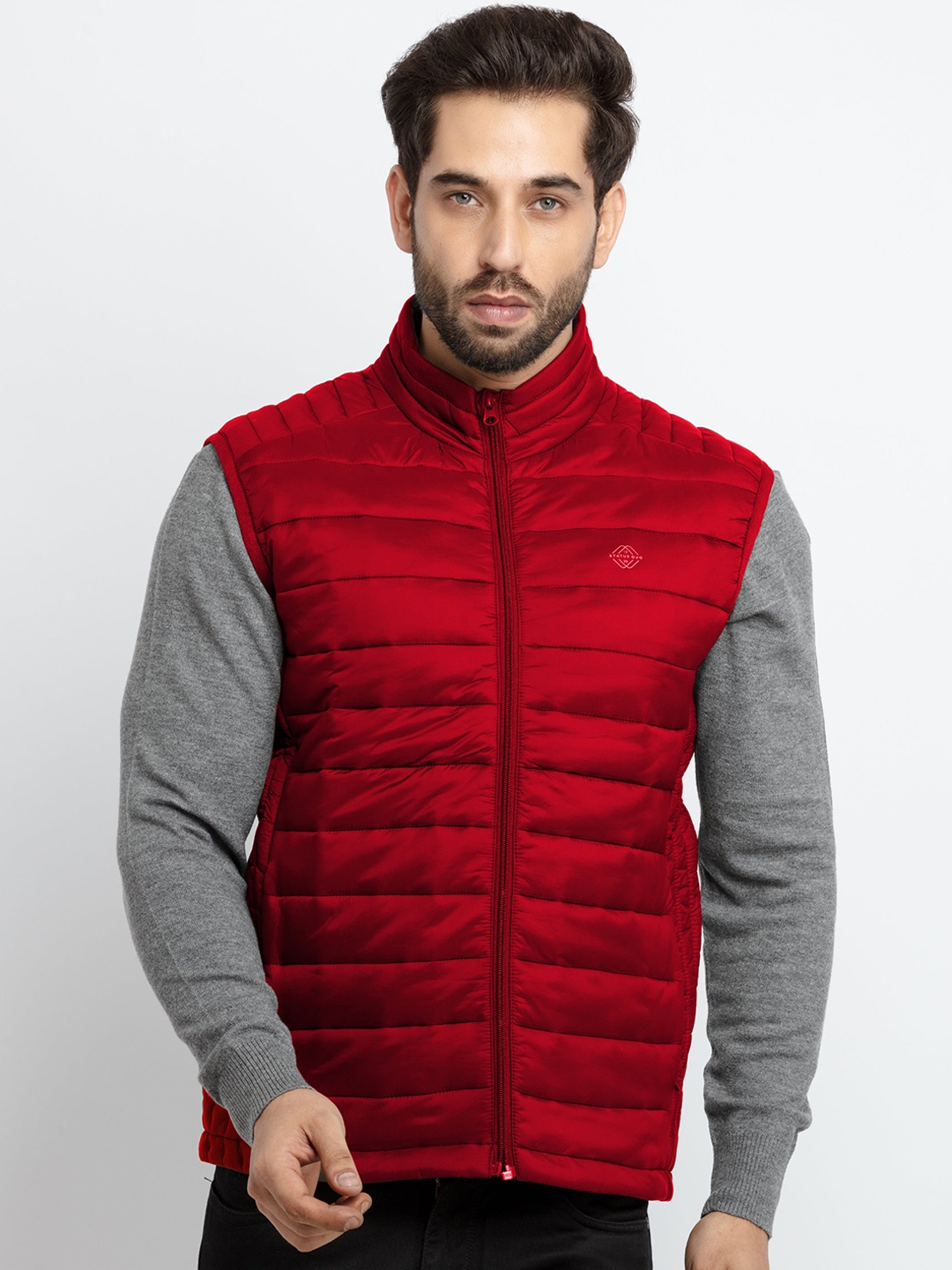 

Status Quo Men Colourblocked Mock Collar Puffer Jacket, Red