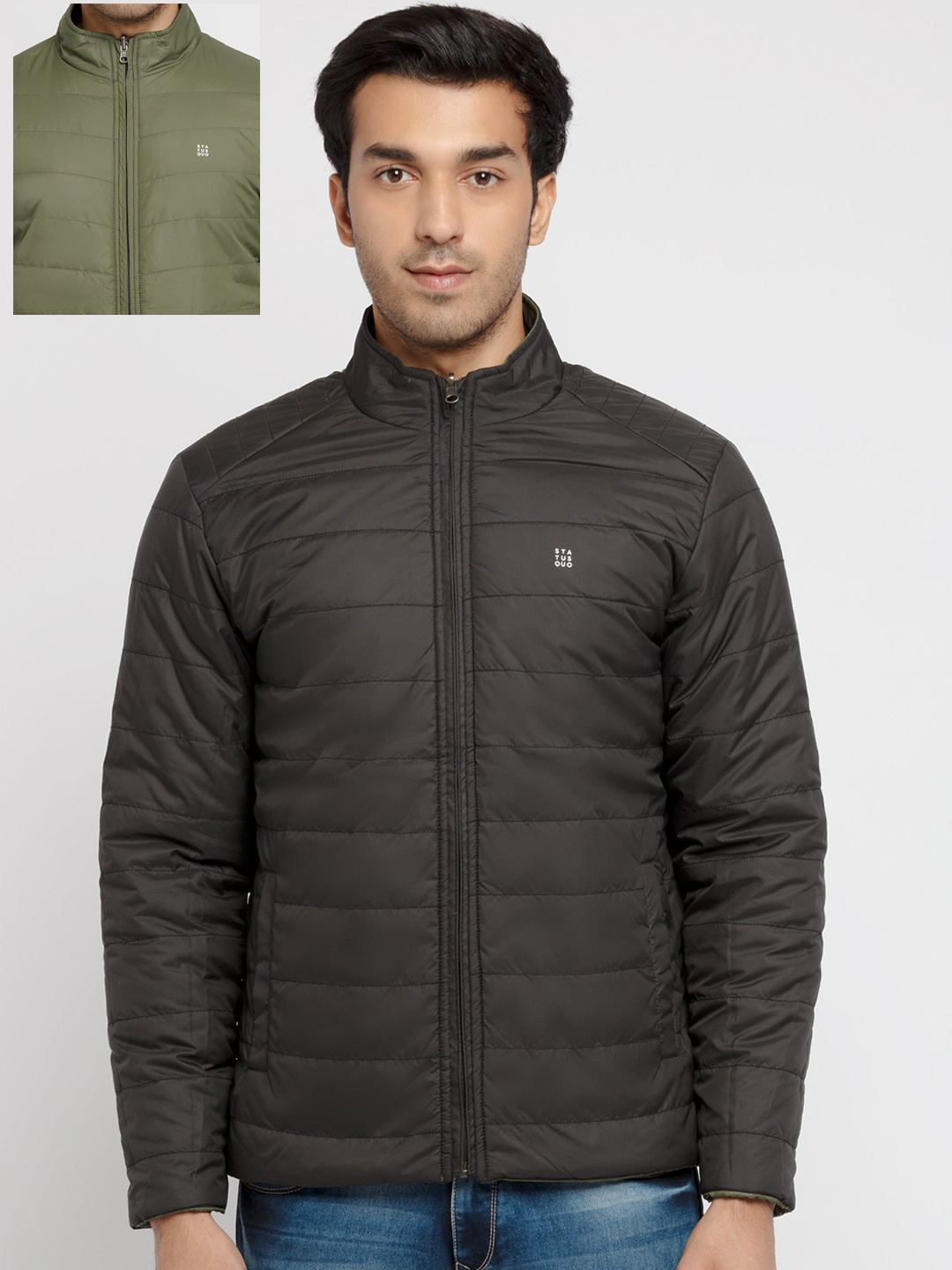 

Status Quo Men Olive Green Black Reversible Puffer Jacket