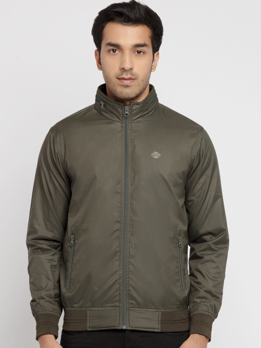 

Status Quo Men Mock Neck Bomber Jacket, Olive