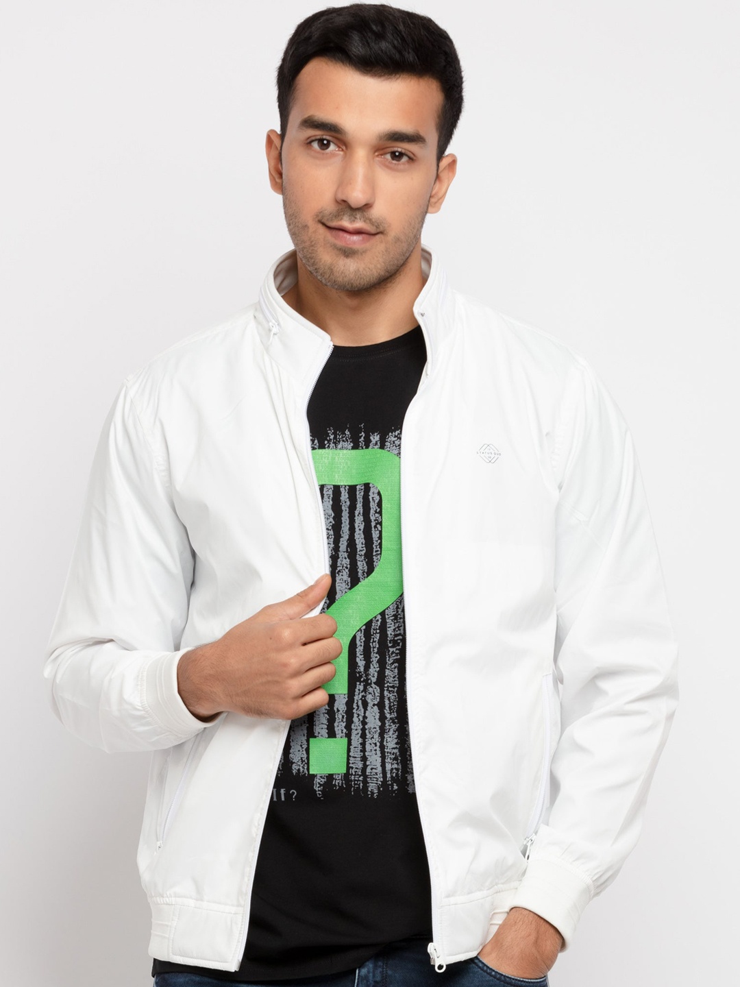 

Status Quo Men Mock Collar Bomber Jacket, White