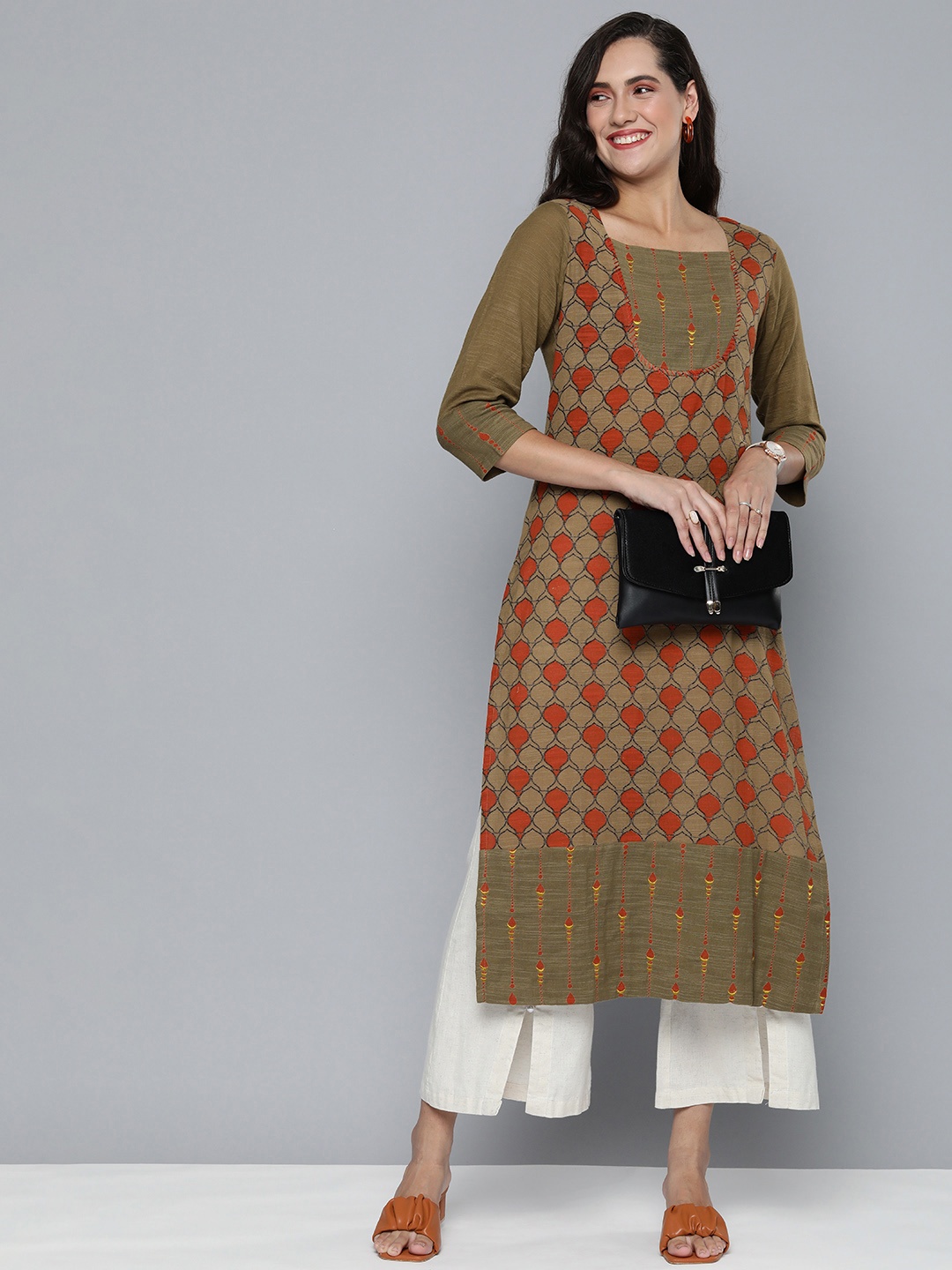 

HERE&NOW Women Ethnic Motifs Straight Kurta, Green