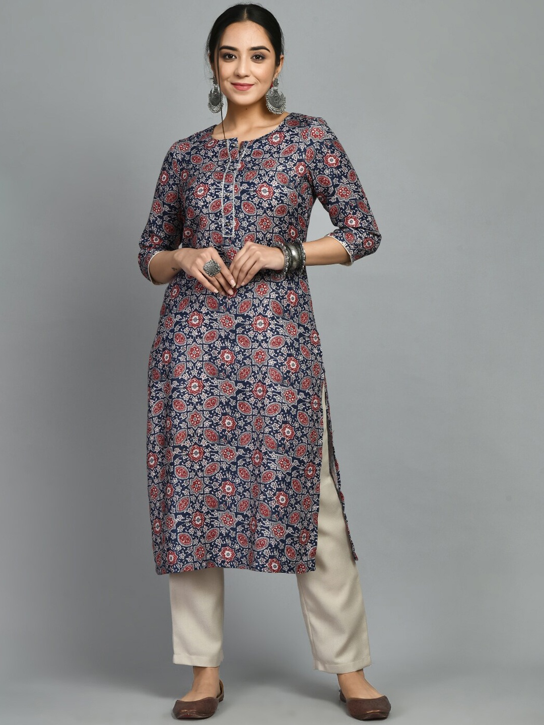 

MEESAN Ethnic Motifs Printed Woolen Kurta with Trousers, Blue