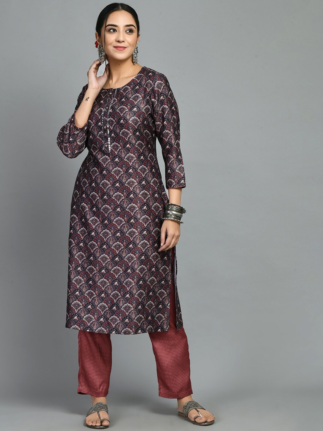 

MEESAN Ethnic Motifs Printed Woolen Kurta with Trousers, Blue