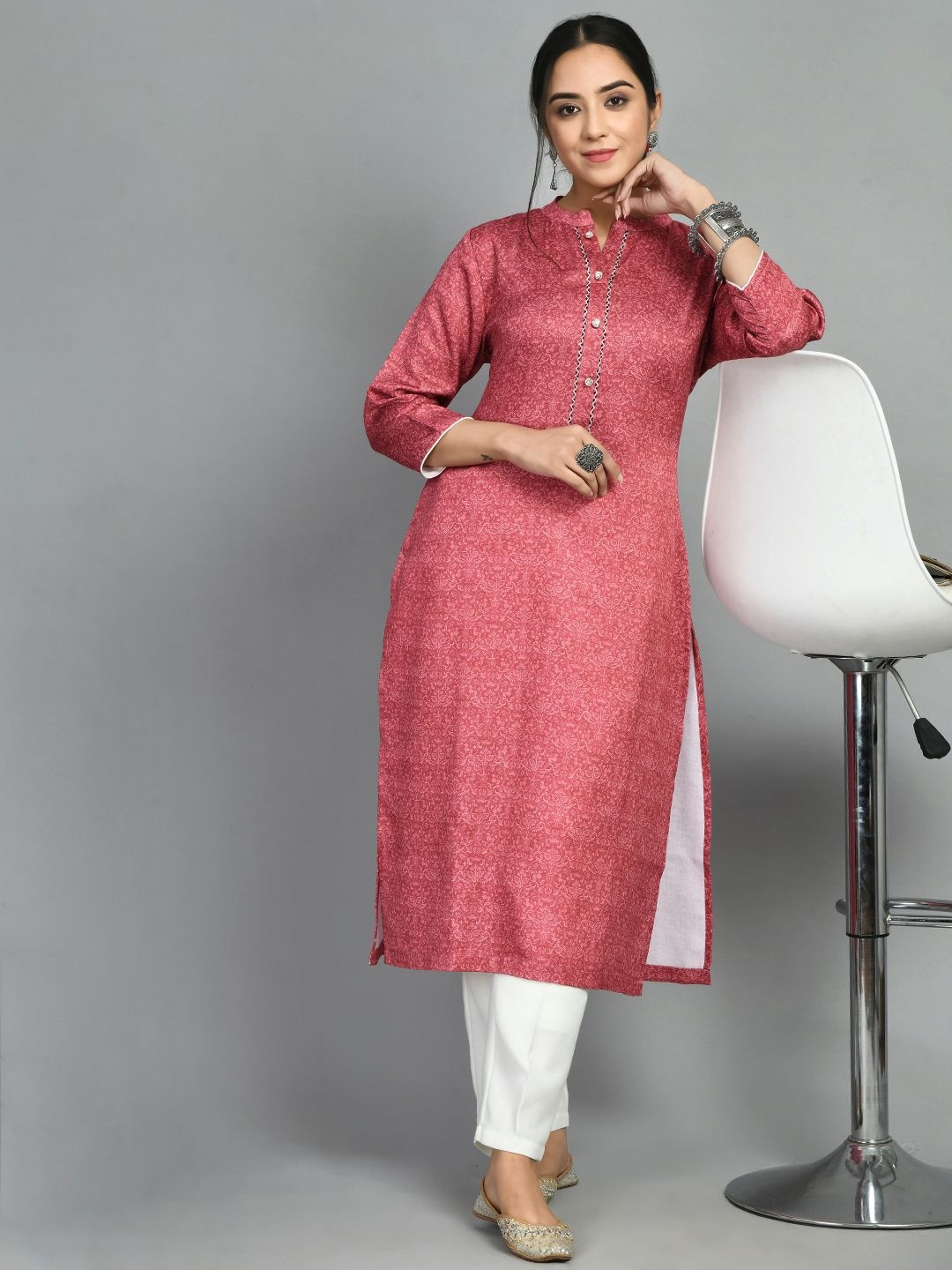 

MEESAN Ethnic Motifs Printed Thread Work Woolen Kurta with Trousers, Coral
