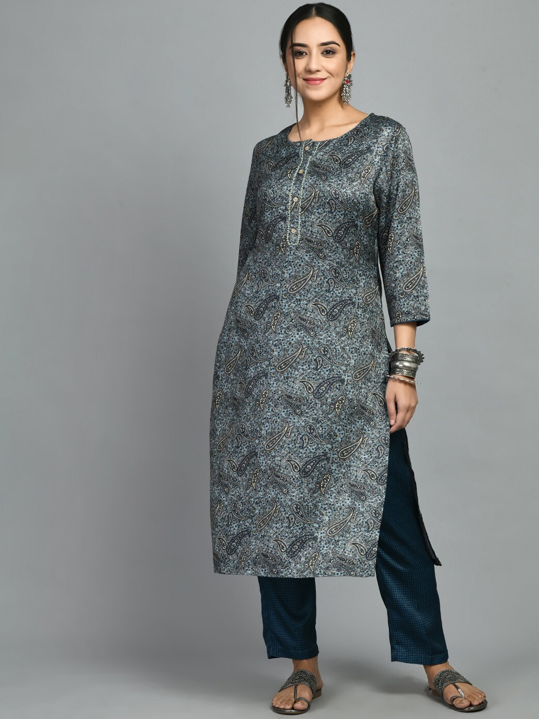 

MEESAN Ethnic Motifs Printed Beads and Stones Woolen Kurta with Trousers, Blue