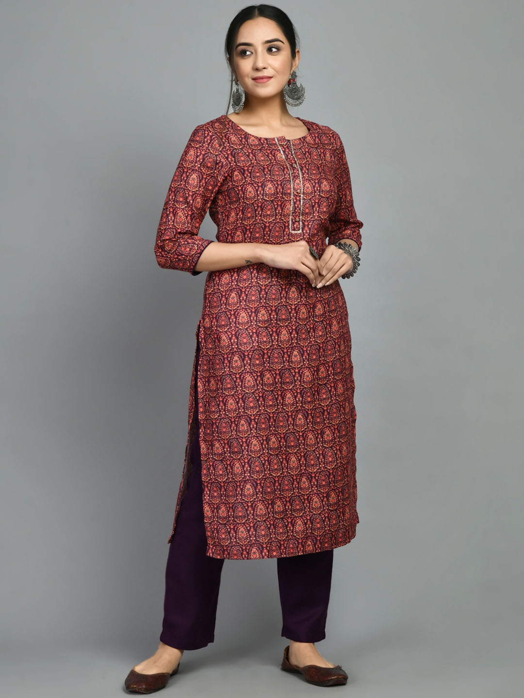 

MEESAN Printed Gotta Patti Woolen Kurta with Trousers, Brown