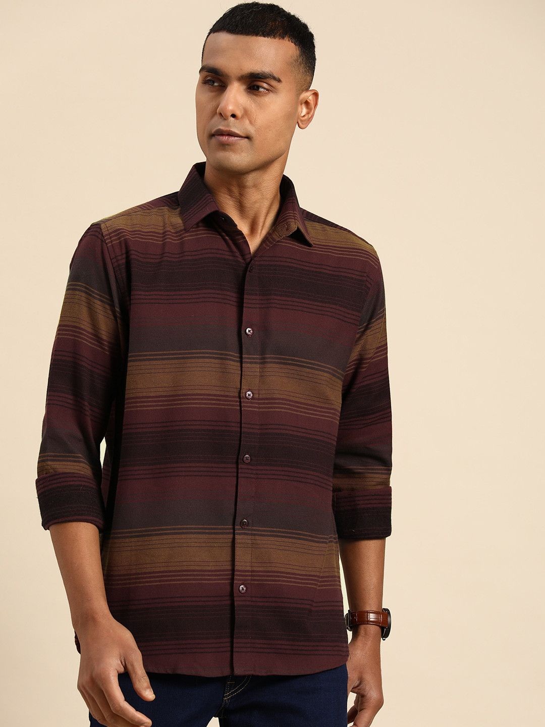 

Molly & Michel Men Slim Fit Horizontal Striped Cotton Casual Shirt, Maroon