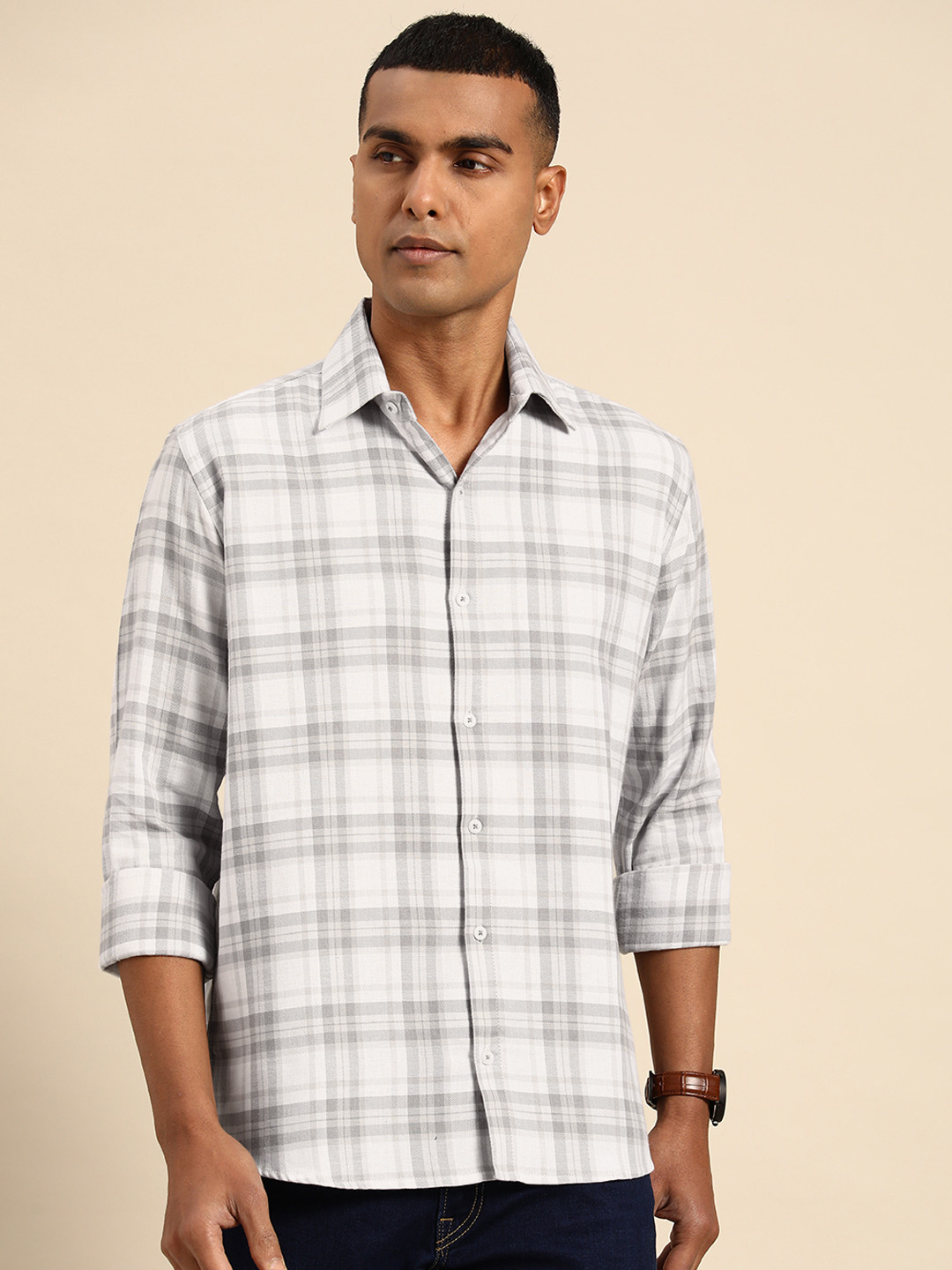 

Molly & Michel Men Slim Fit Tartan Checked Casual Shirt, White