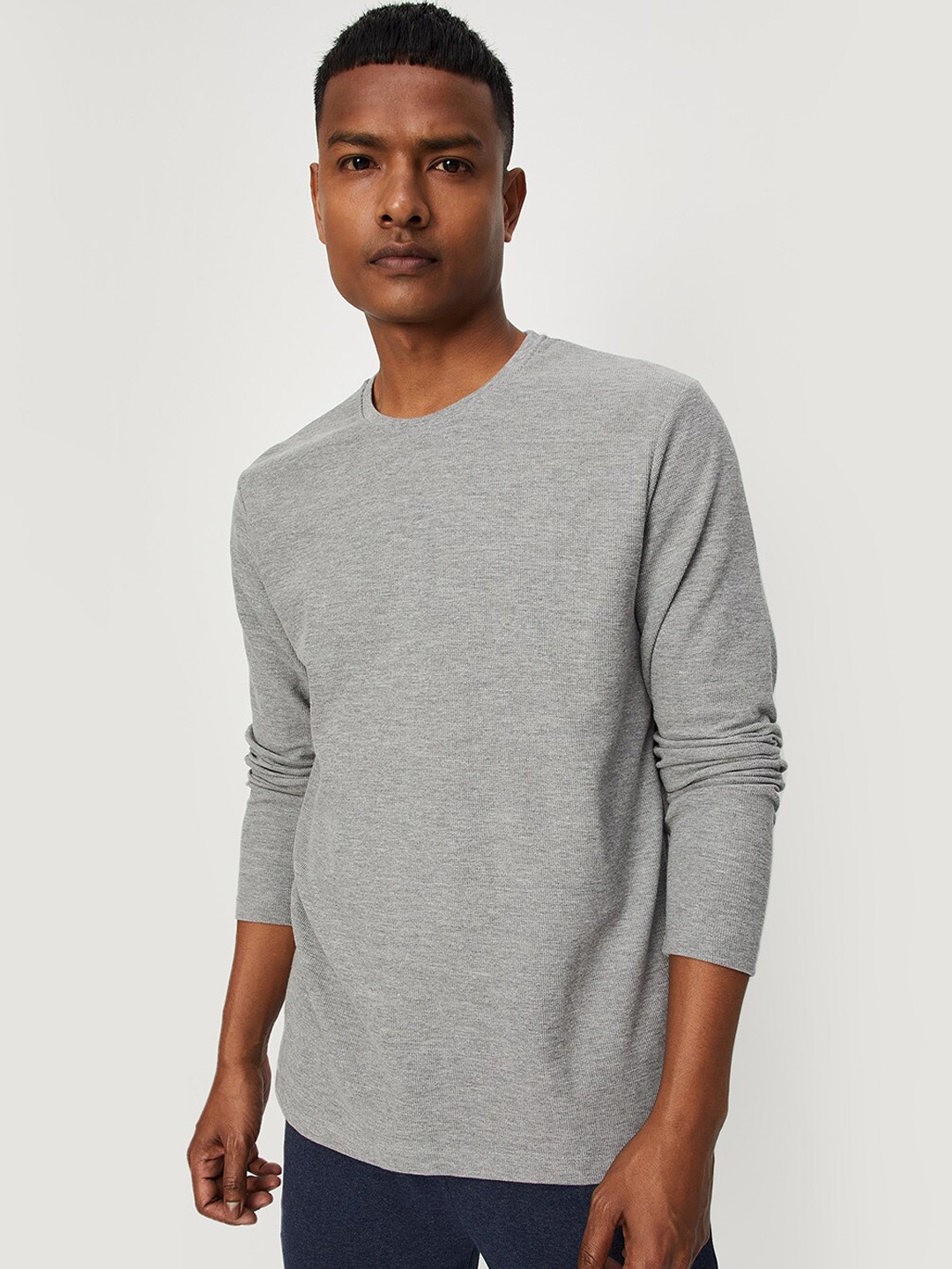 

max Men Solid Round Neck Lounge Cotton T-shirt, Grey melange