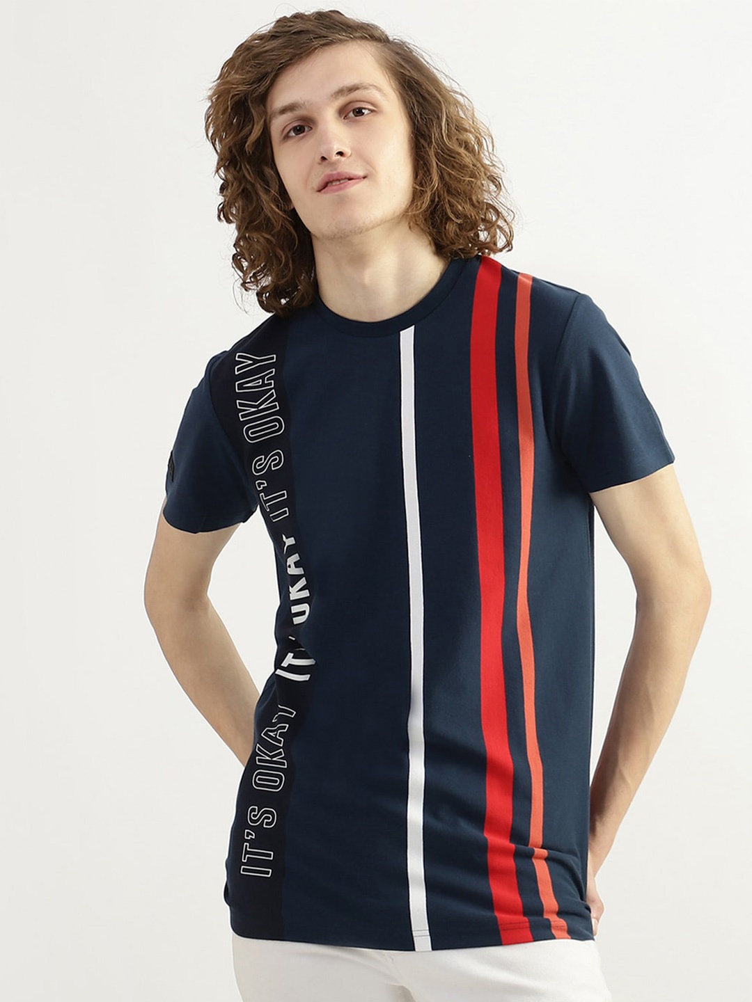 

United Colors of Benetton Men Striped Cotton T-shirt, Navy blue